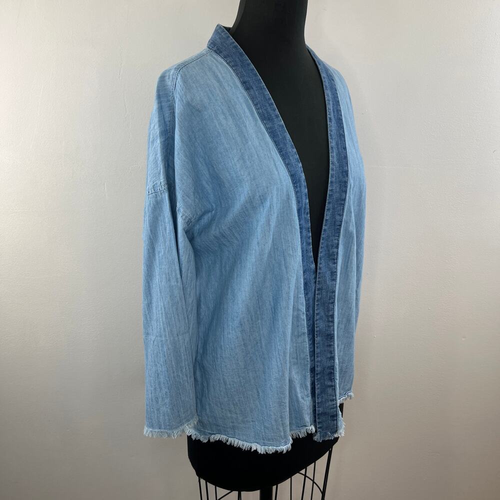 SUN + STONE Blue Chambray Embroidered Raw Hem Open Cardigan Jacket Aztec Boho S - Picture 5 of 11